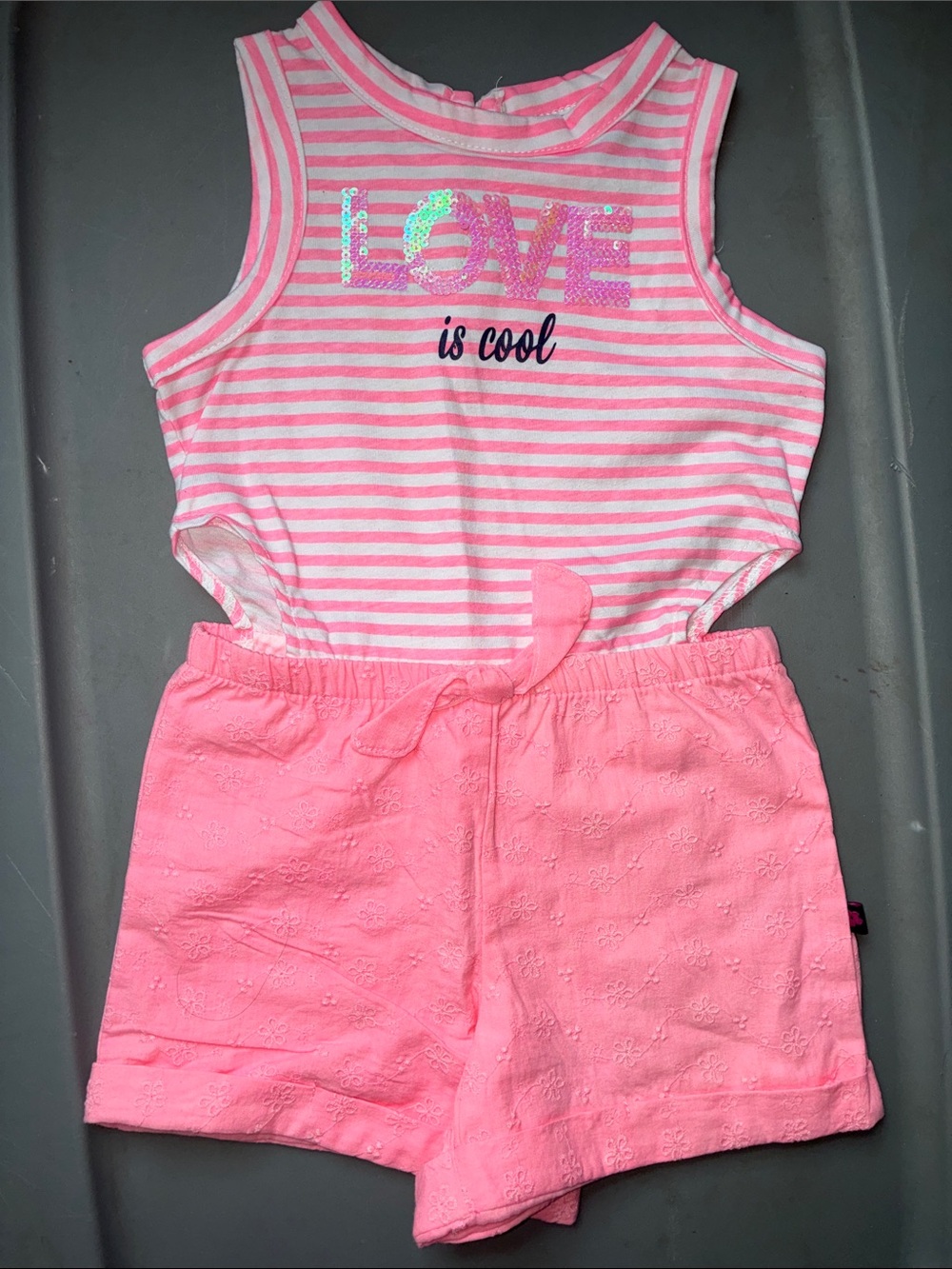 6️⃣ Limited Too 4T Girls Pink 'Love is Cool' Striped Romper